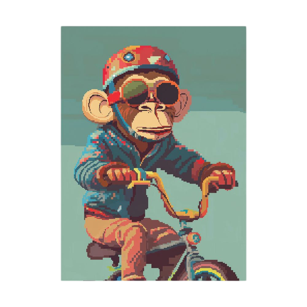 Pixel-art monkey riding a bicycle, helmet and sunglasses, muted teal background.