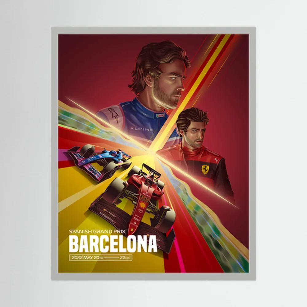 Illustrated Formula One drivers and red and blue racing cars on a Barcelona Grand Prix poster, shown in product view 2.