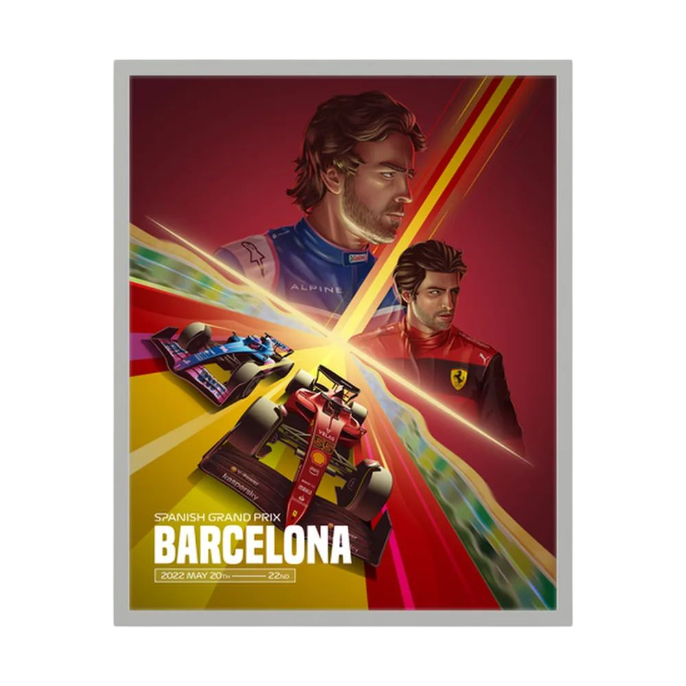 Illustrated Formula One drivers and red and blue racing cars on a Barcelona Grand Prix poster, shown in product view 2.