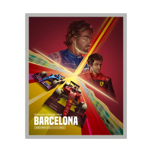 Illustrated Formula One drivers and red and blue racing cars on a Barcelona Grand Prix poster, shown in product view 2.