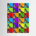 Grid of repeating giraffe portraits set against bright blue, purple, orange, green, yellow and red panels, shown in product view 2.