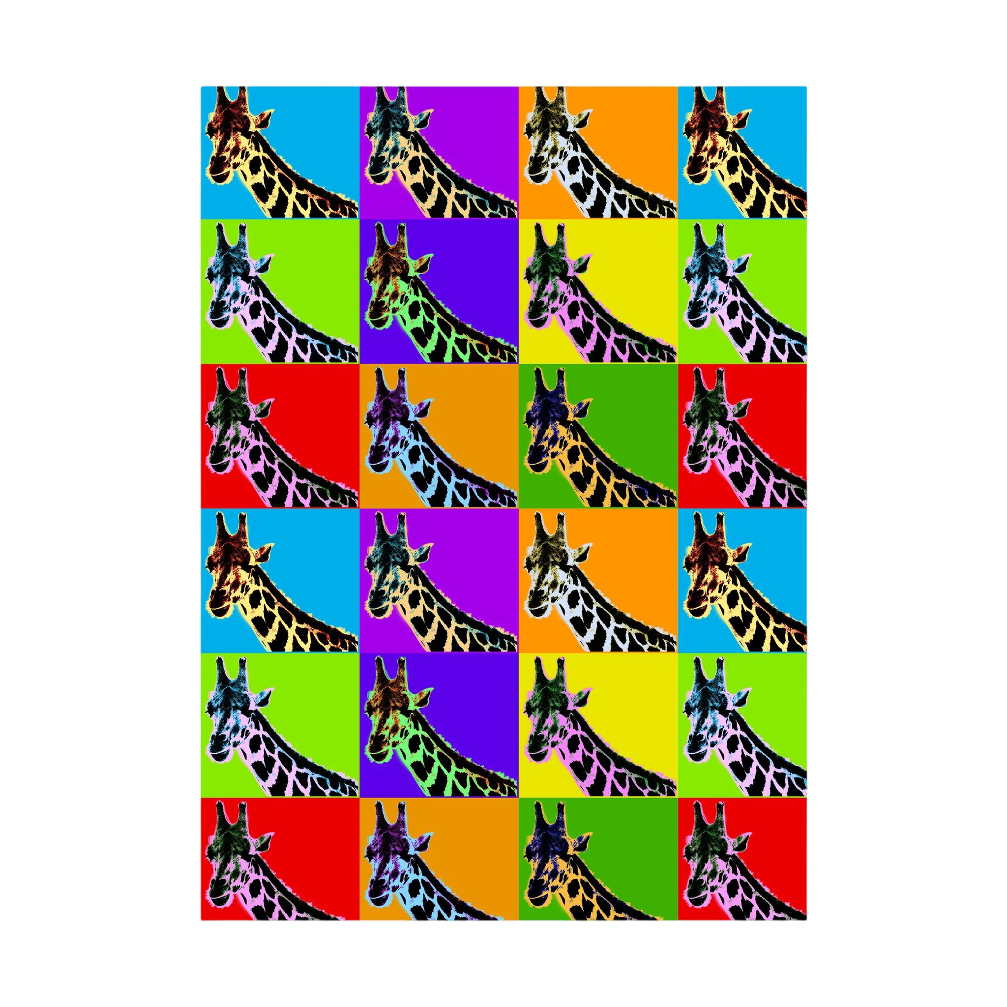 Grid of repeating giraffe portraits set against bright blue, purple, orange, green, yellow and red panels, shown in product view 2.
