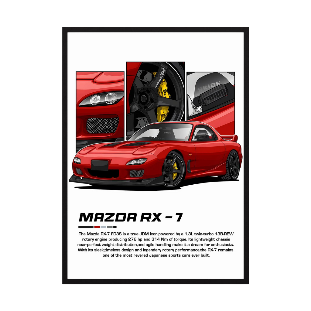 Red Mazda RX-7 illustration with detailed wheel, brake and engine panels.