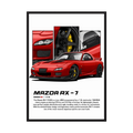 Red Mazda RX-7 illustration with detailed wheel, brake and engine panels.