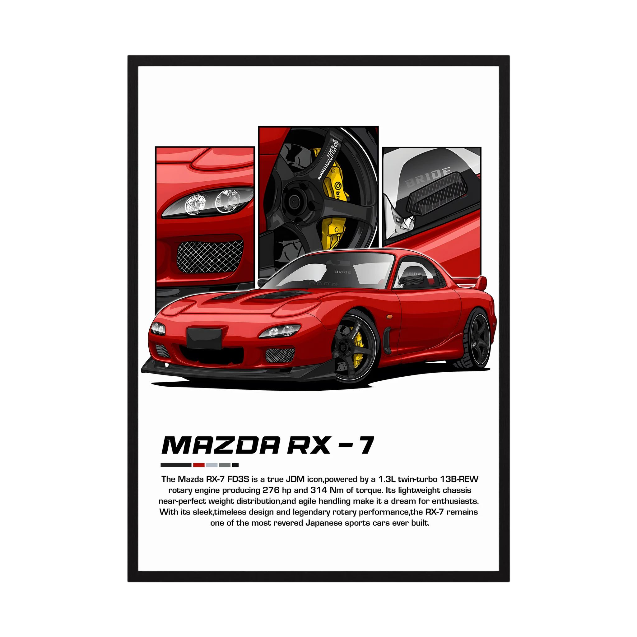 Red Mazda RX-7 illustration with detailed wheel, brake and engine panels.