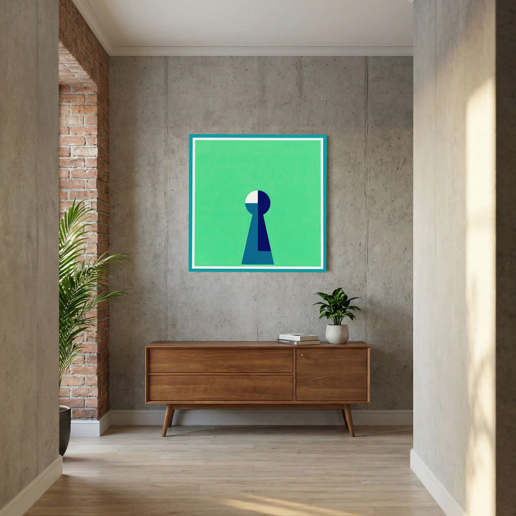 Minimal keyhole form in deep blue and white centred on a luminous green field, shown in product view 5.