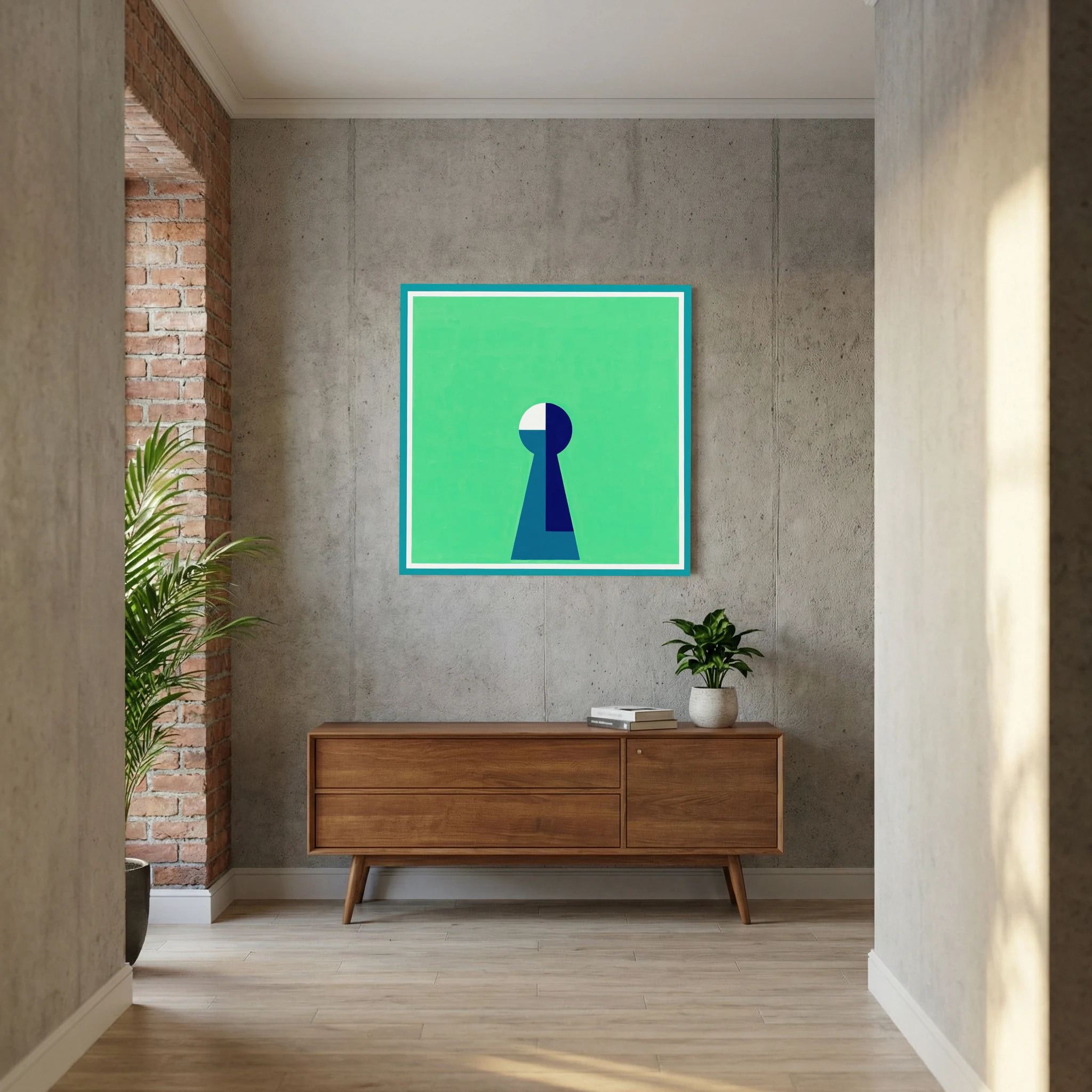 Minimal keyhole form in deep blue and white centred on a luminous green field, shown in product view 5.