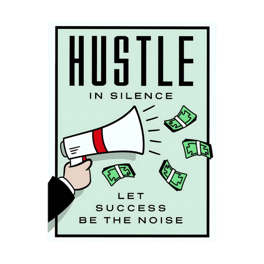 Retro megaphone and banknotes with Hustle in Silence typography.