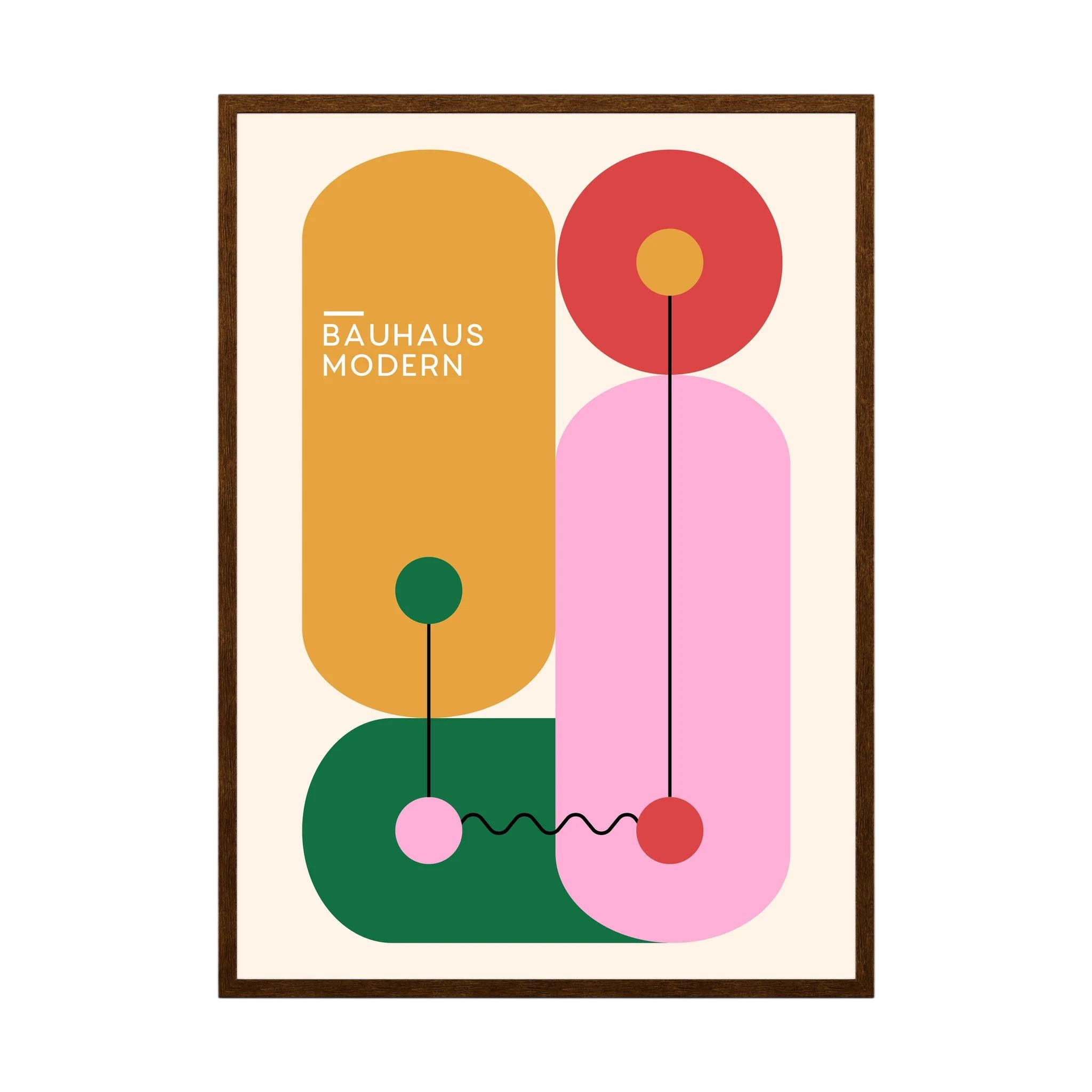 Colourful Bauhaus design with mustard, green and pink rounded geometric shapes.