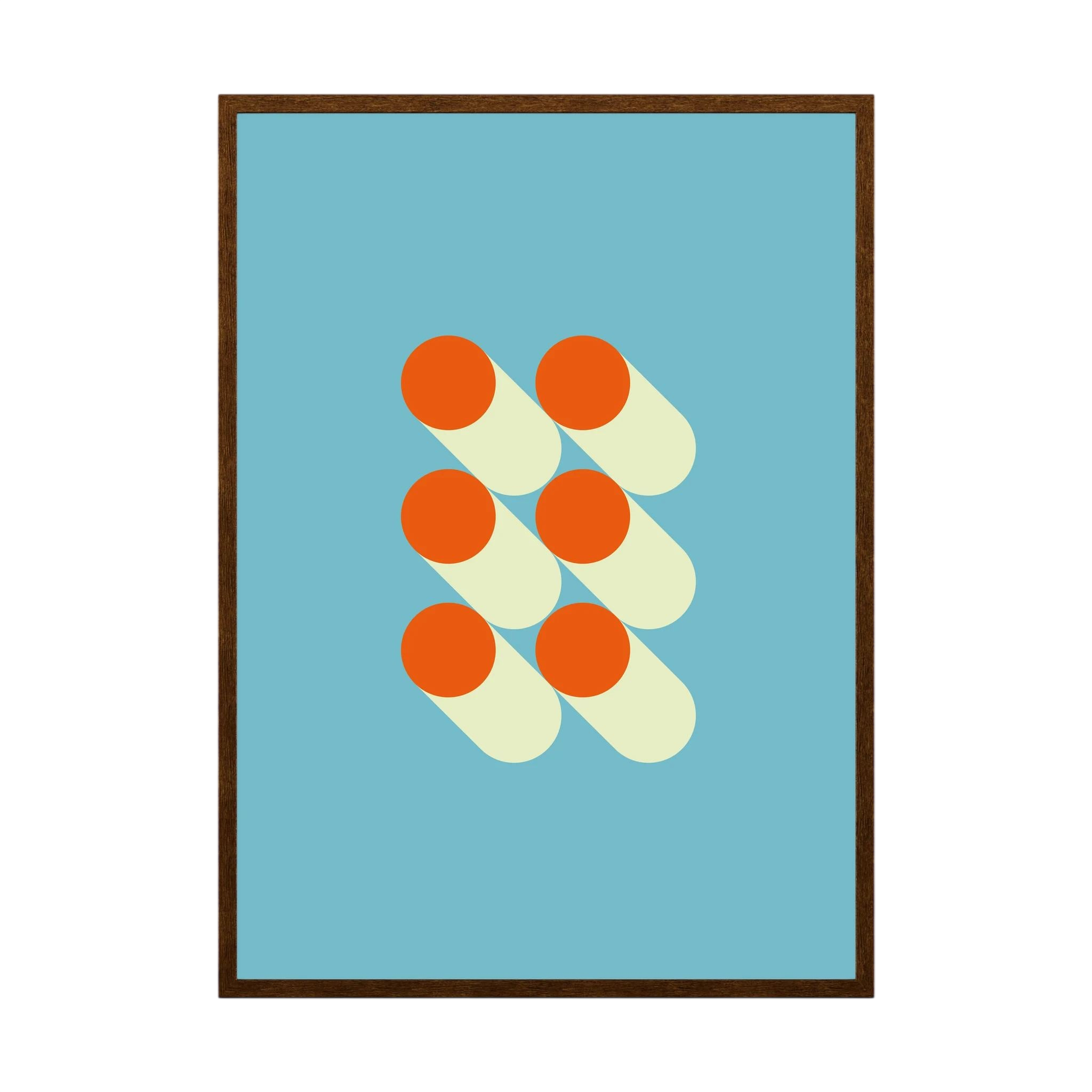 Orange circles and cream capsule shapes arranged on a pale blue background.