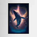 Blue whale rising through a glowing underwater scene with small fish.