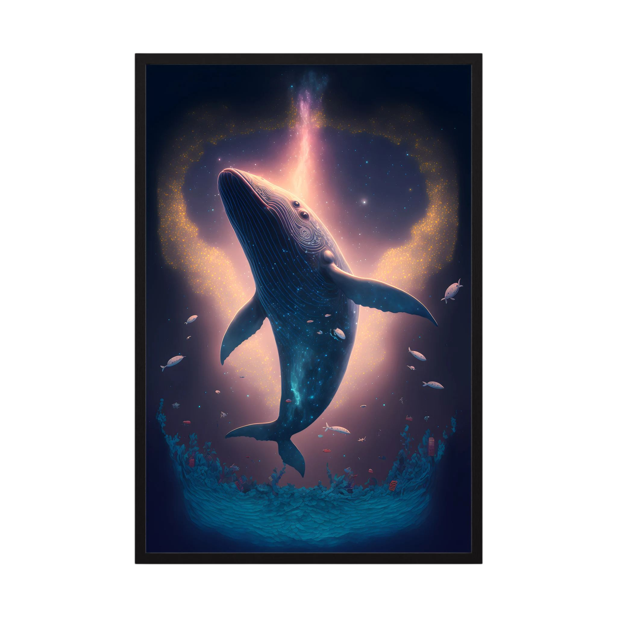 Blue whale rising through a glowing underwater scene with small fish.