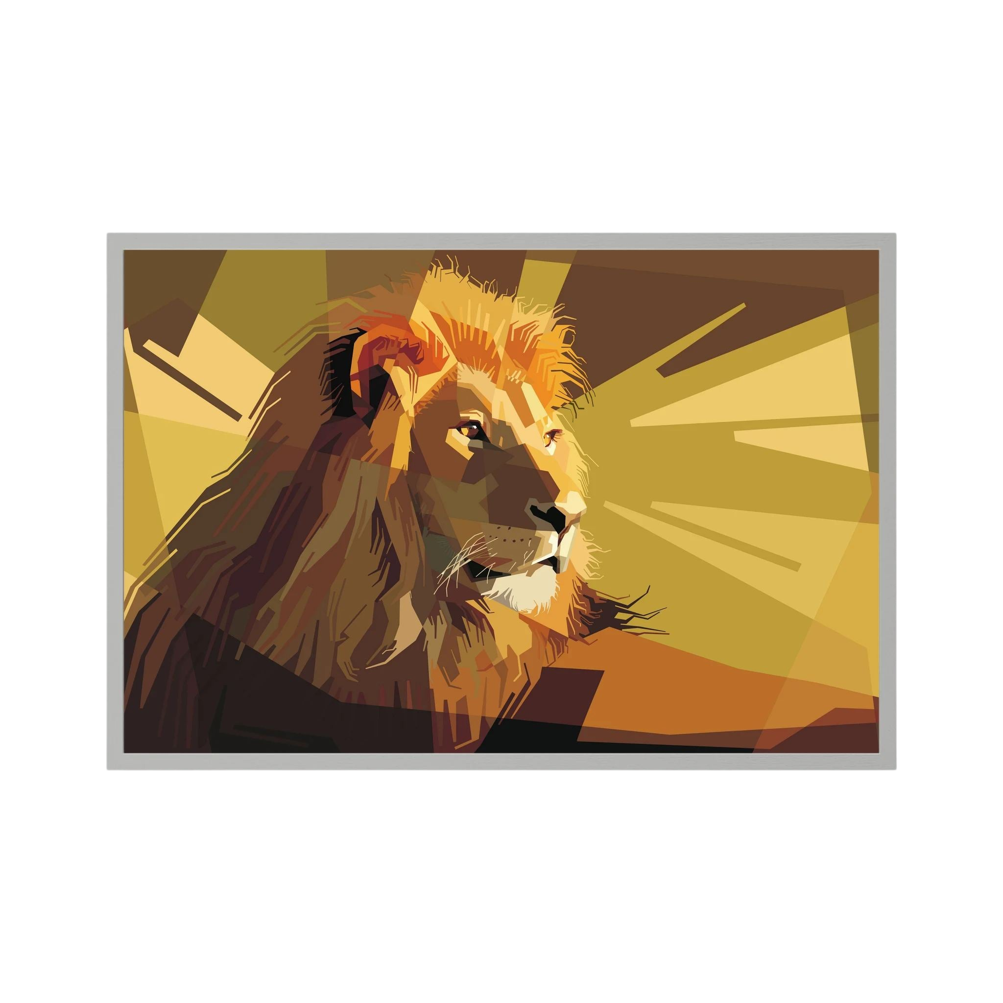 Geometric lion portrait in layered gold, brown and cream shapes.