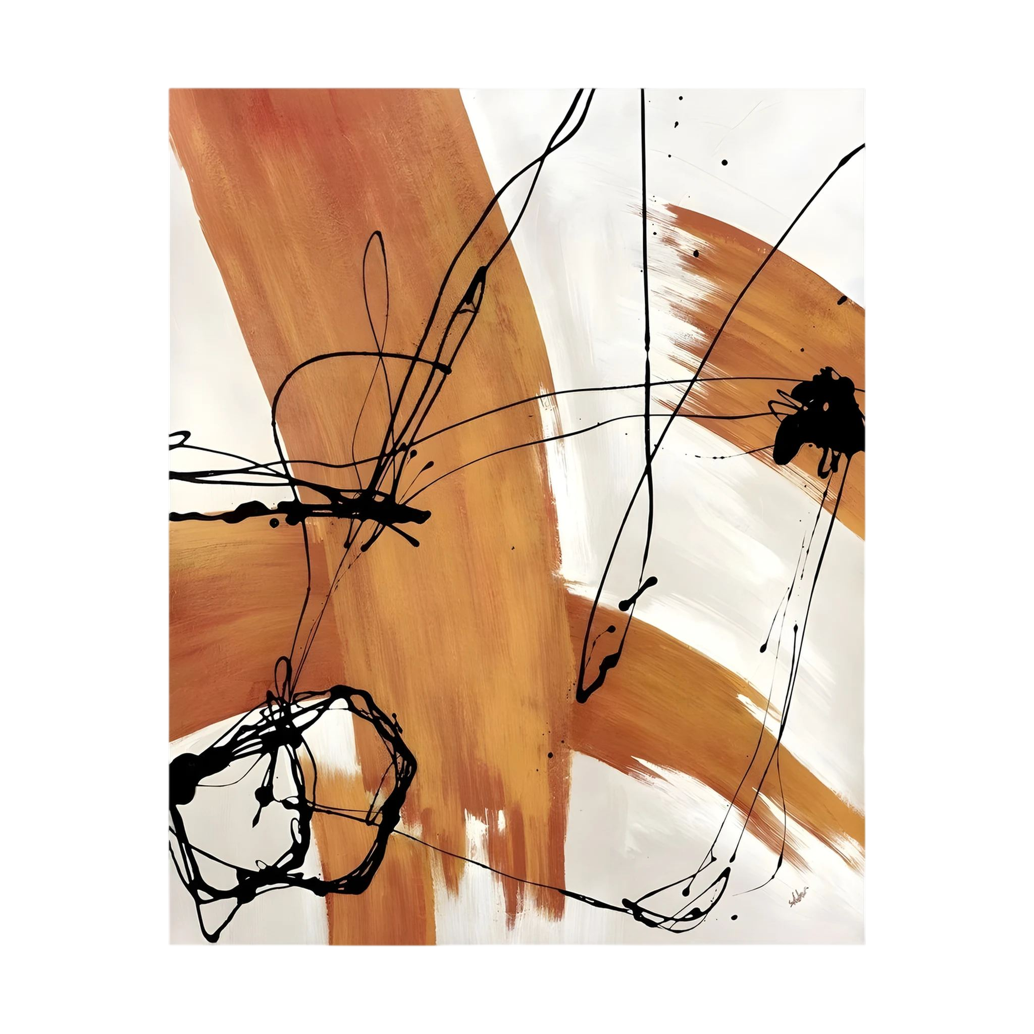 Sienna and white brushstrokes crossed by loose black ink lines in an abstract composition.