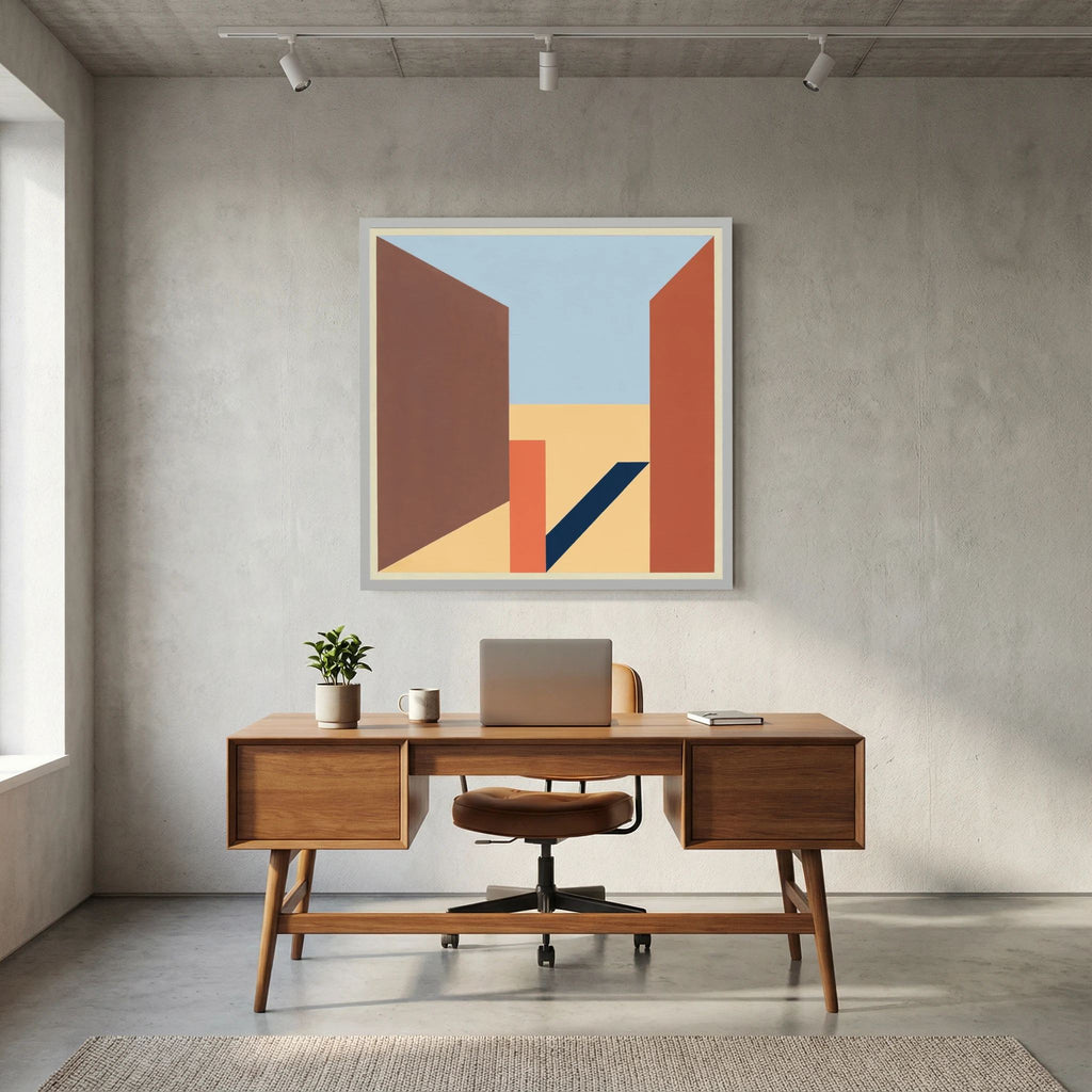 Terracotta and brown architectural planes opening towards a pale blue sky in a geometric composition, shown in product view 7.