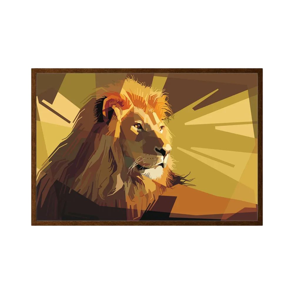 Geometric lion portrait in layered gold, brown and cream shapes.