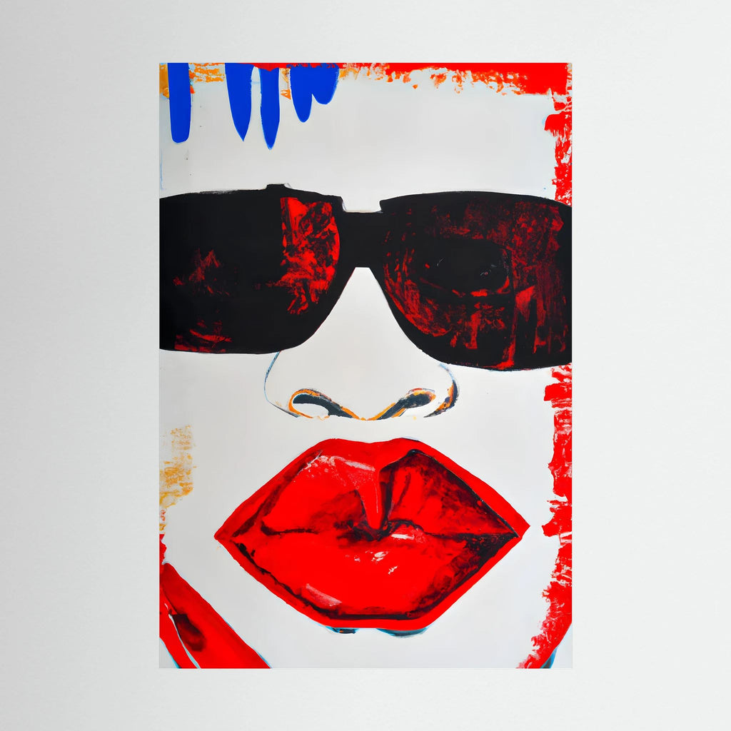 Graphic close-up of black sunglasses, a stylised nose and vivid red lips with expressive painted edges, shown in product view 3.