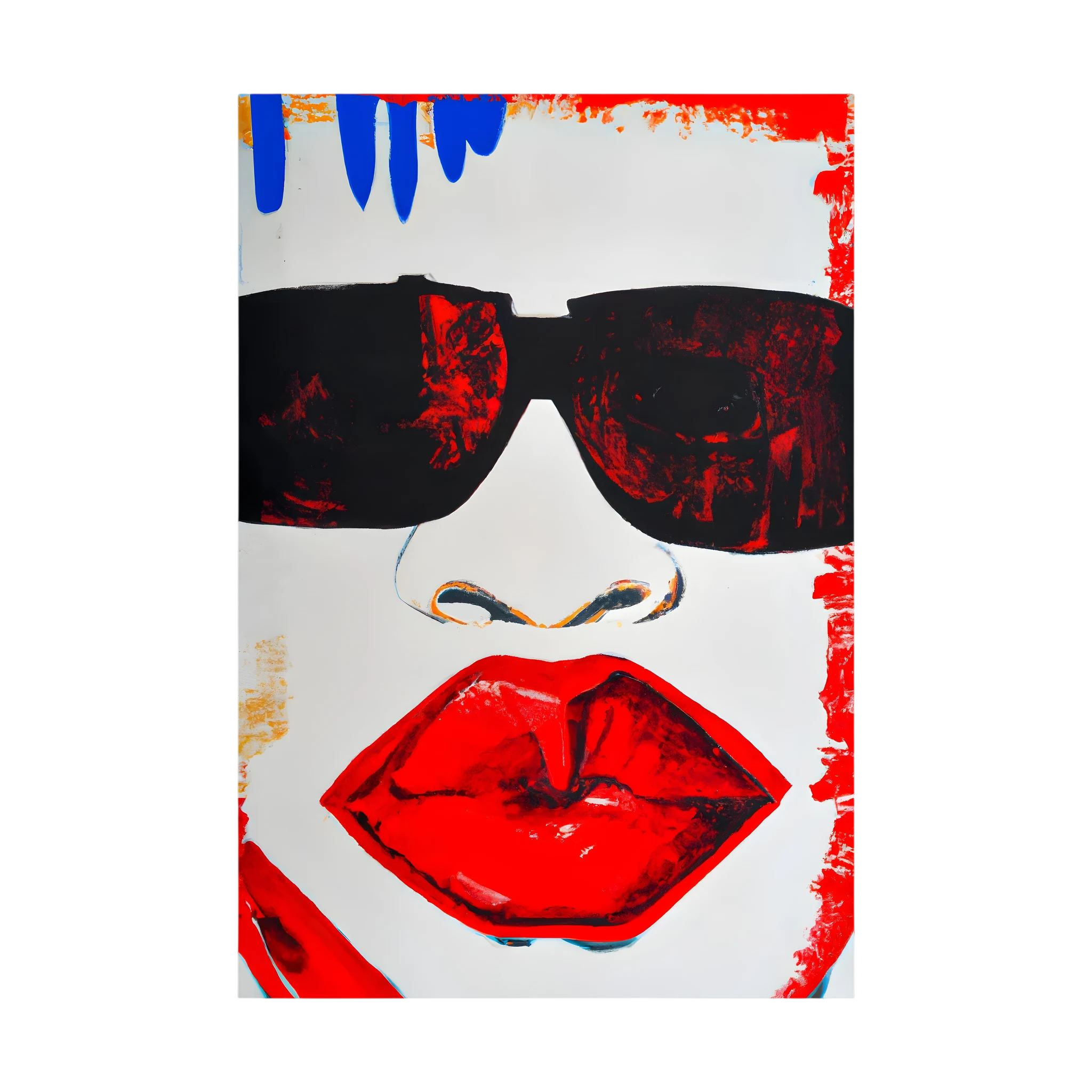 Graphic close-up of black sunglasses, a stylised nose and vivid red lips with expressive painted edges, shown in product view 3.
