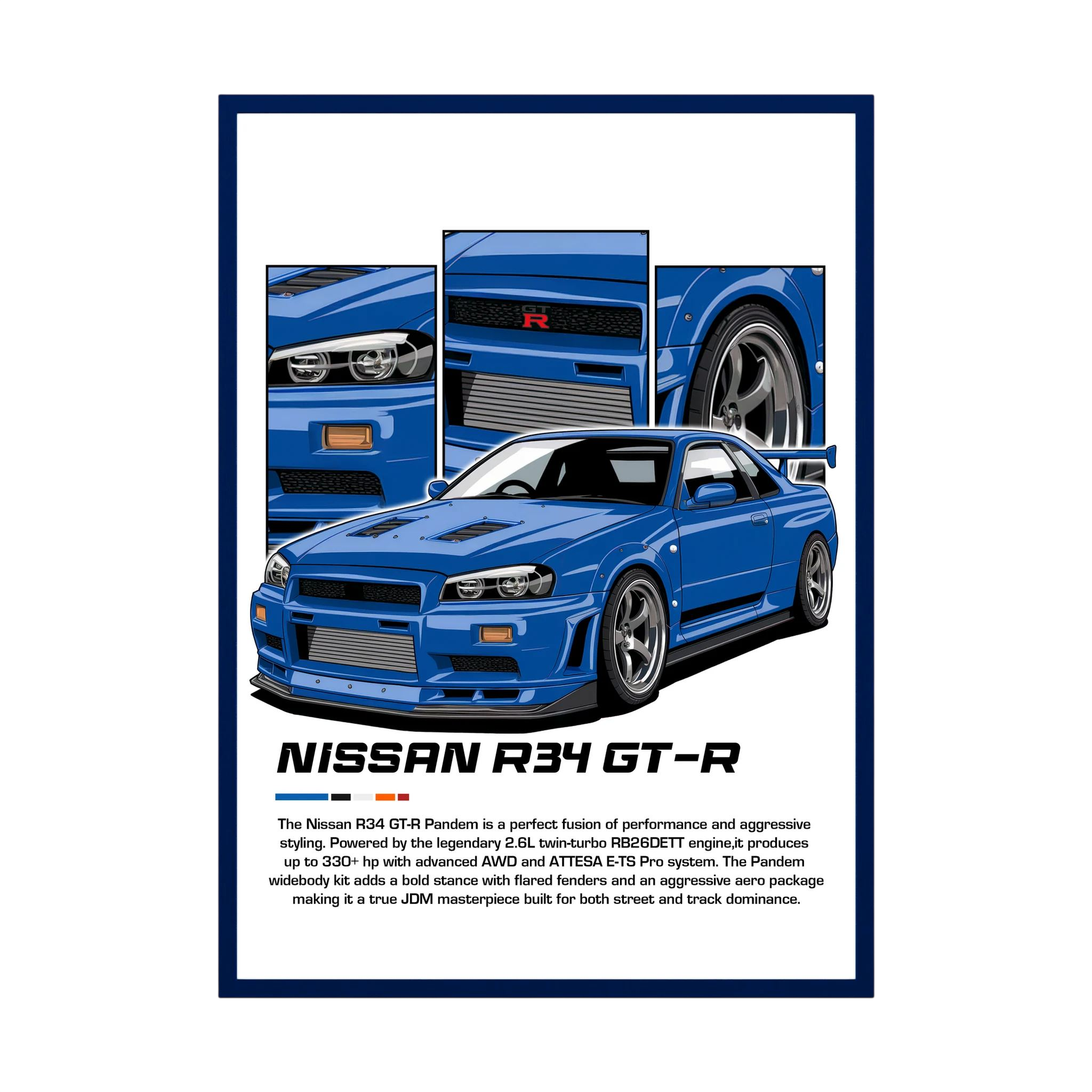 Blue Nissan R34 GT-R illustration with close-up panels of the car details.
