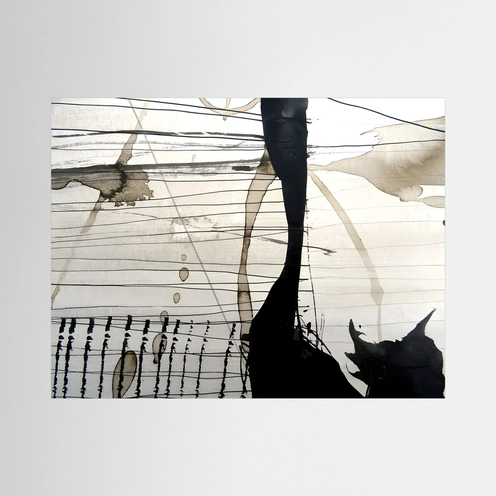 Black linear marks and translucent taupe washes create a wide abstract landscape.
