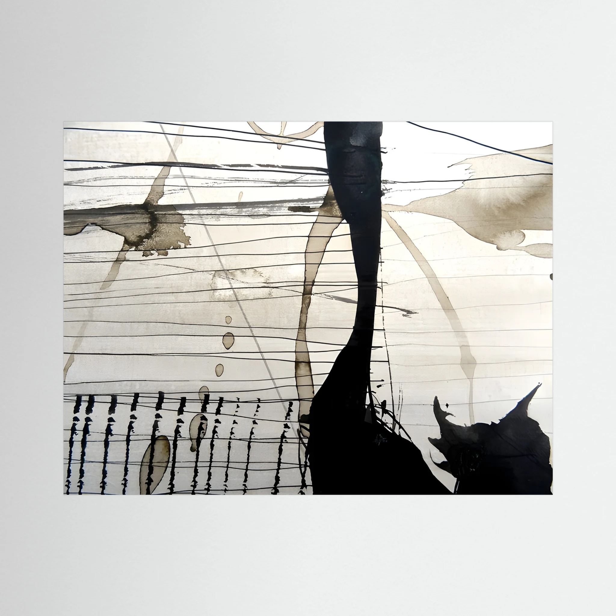 Black linear marks and translucent taupe washes create a wide abstract landscape.