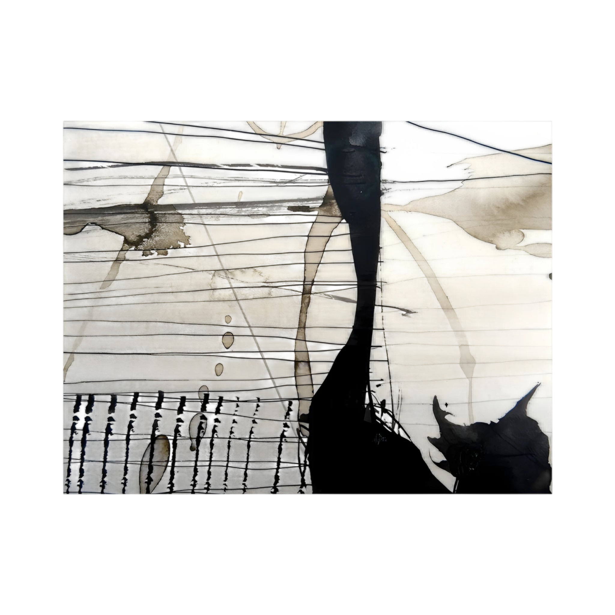 Black linear marks and translucent taupe washes create a wide abstract landscape.