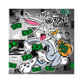 Cartoon rabbit running with money bag over newspaper collage.