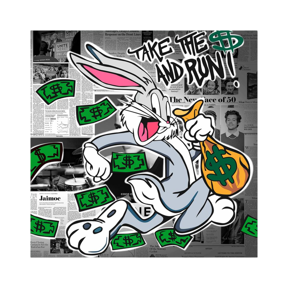 Cartoon rabbit running with money bag over newspaper collage.