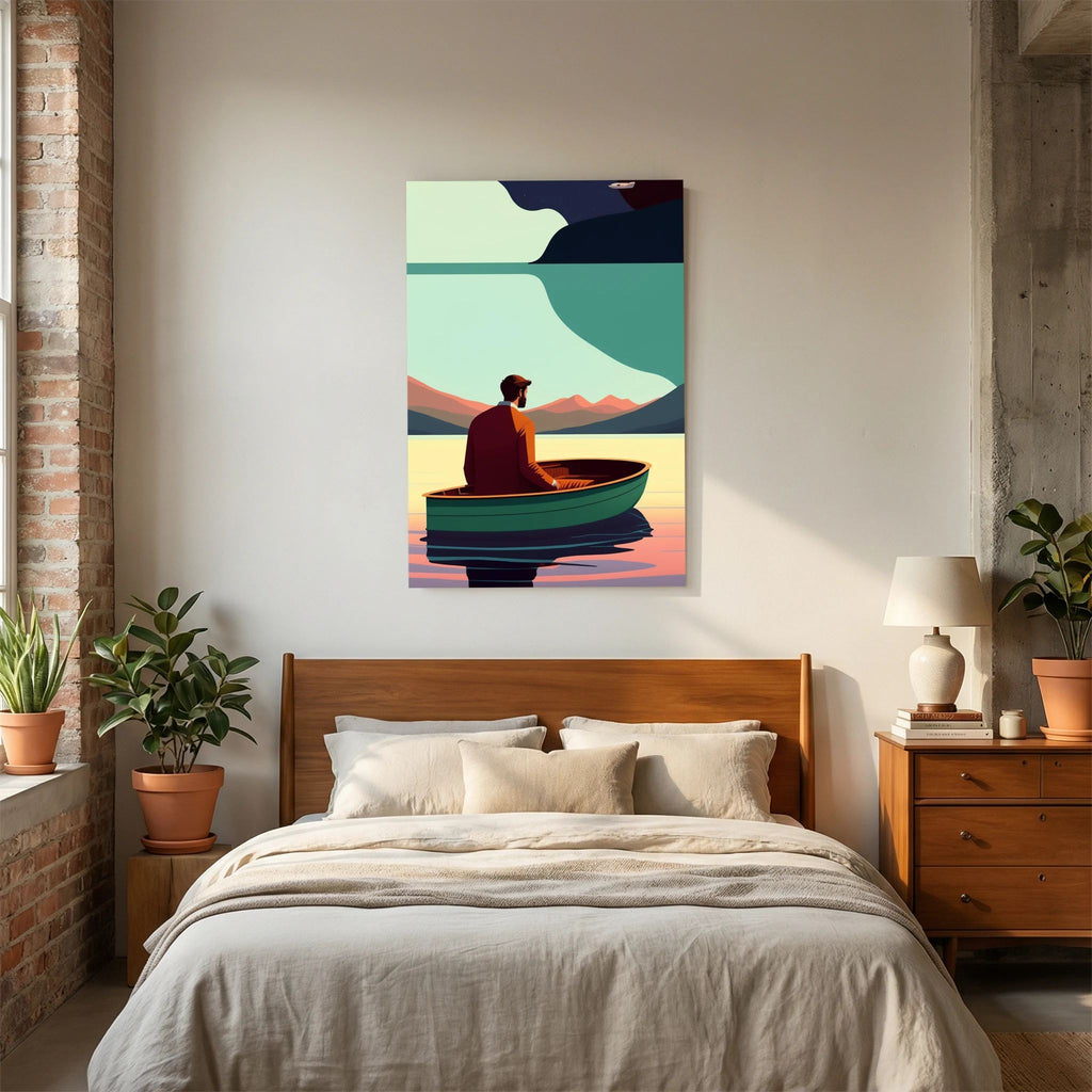 Solitary man seated in a green boat on still water beneath stylised mountains and a dark sky, shown in product view 5.