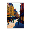 Colourful illustrated European street with warm buildings, blue shadows and pedestrians.