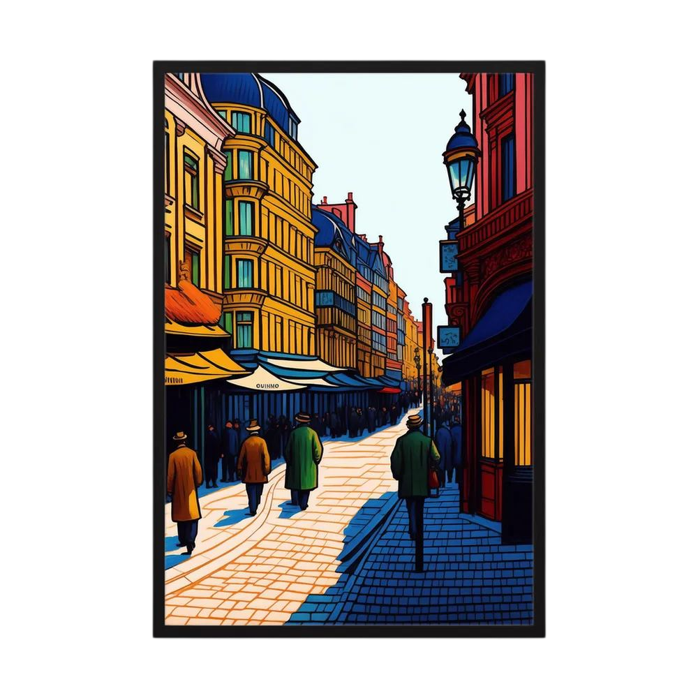 Colourful illustrated European street with warm buildings, blue shadows and pedestrians.
