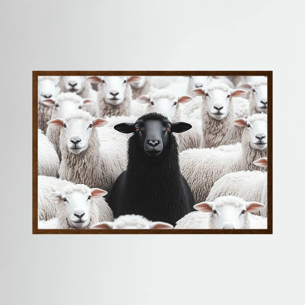 Single black sheep stands centred among a tightly packed flock of white sheep, shown in product view 3.