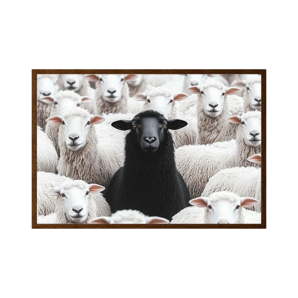 Single black sheep stands centred among a tightly packed flock of white sheep, shown in product view 3.