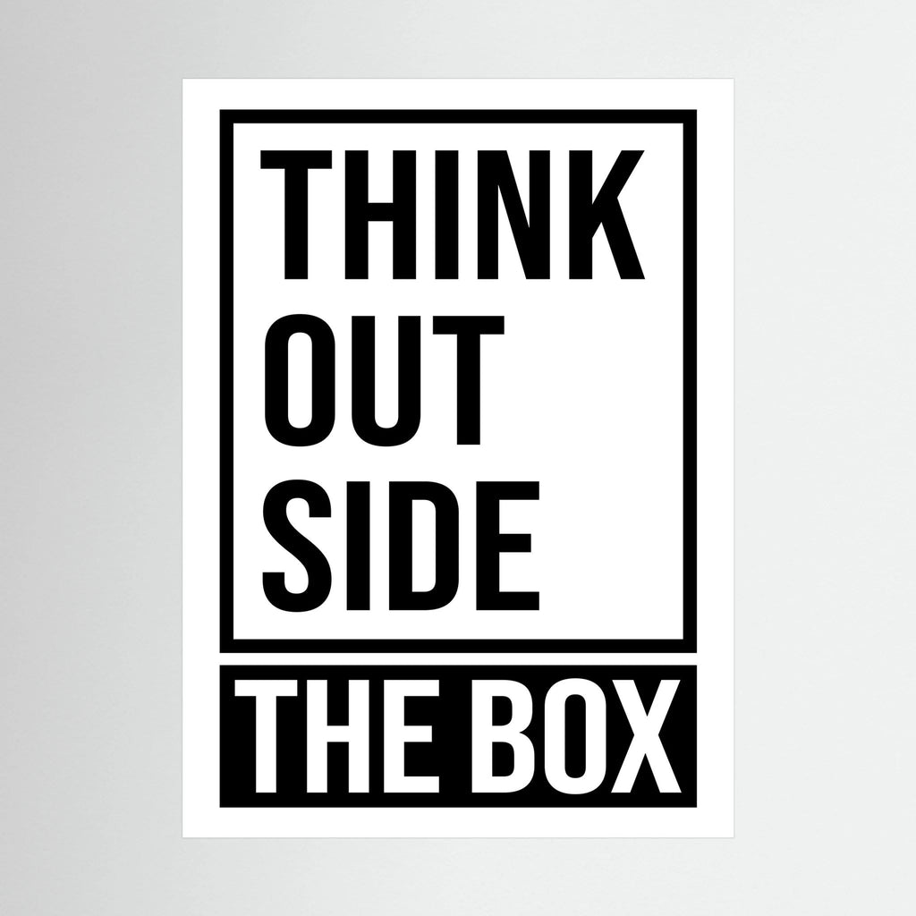 Bold black typography stacks the words think outside the box within and beyond a rectangular frame, shown in product view 2.