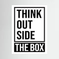 Bold black typography stacks the words think outside the box within and beyond a rectangular frame, shown in product view 2.