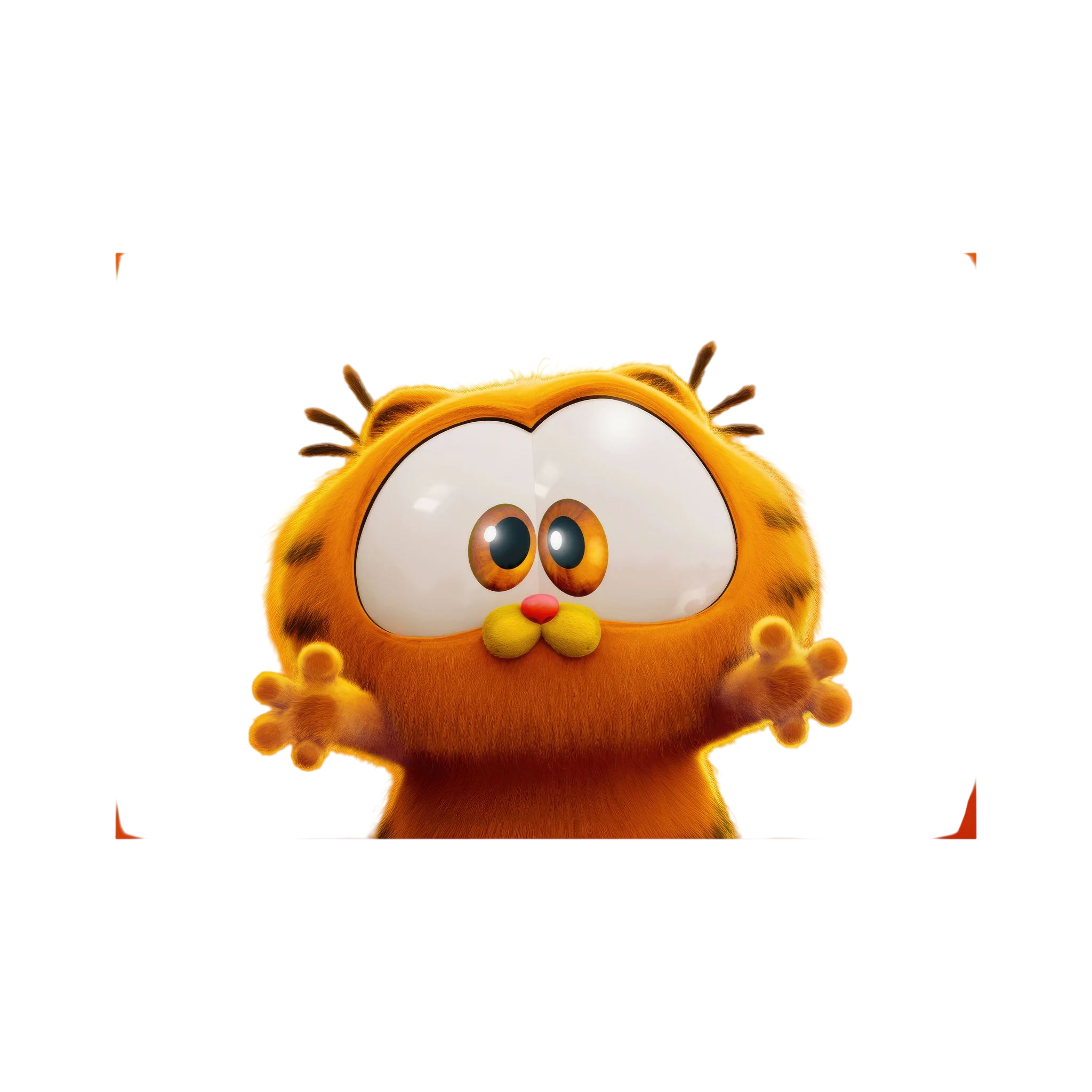 Wide-eyed orange cartoon cat reaches forward against a glowing orange background, shown in product view 3.