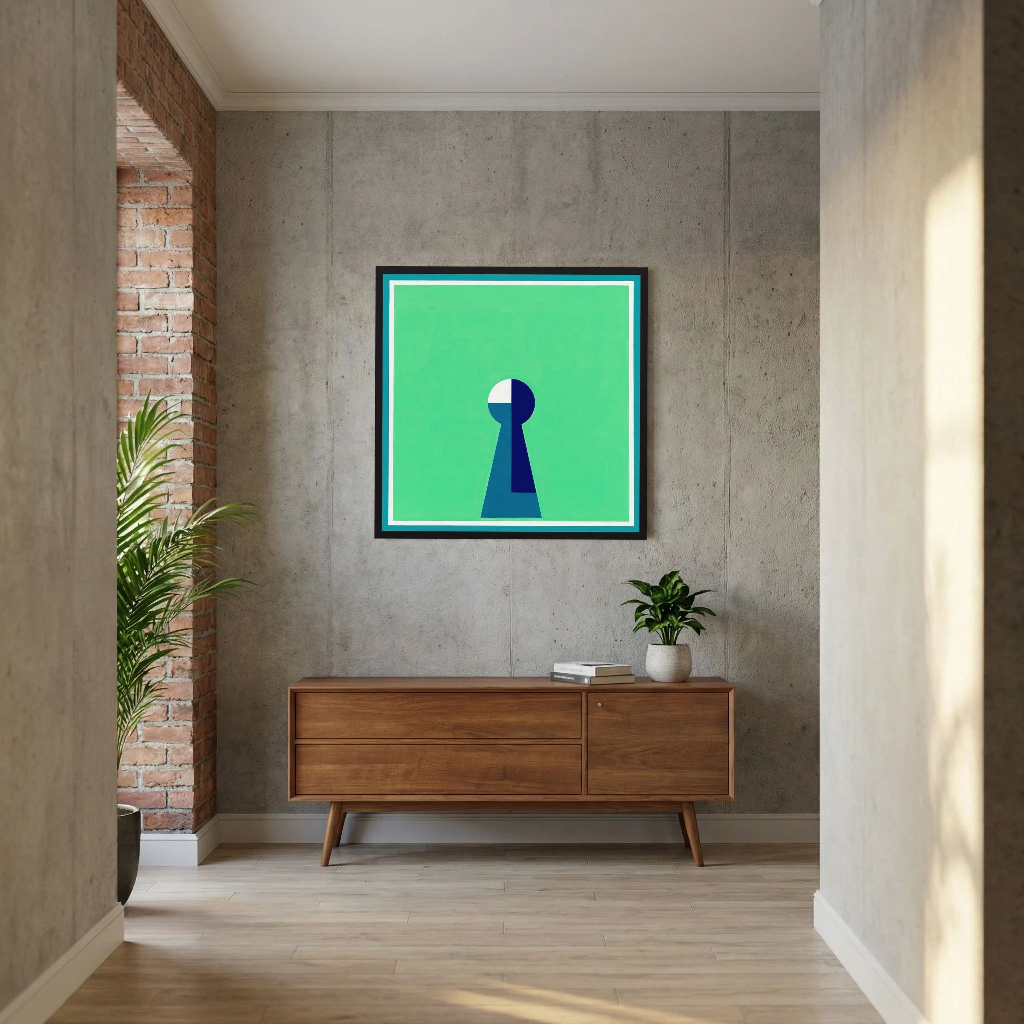 Minimal keyhole form in deep blue and white centred on a luminous green field, shown in product view 8.