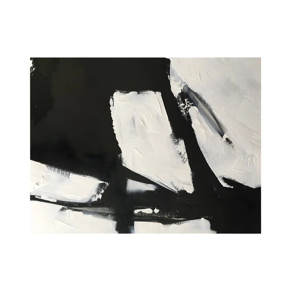 Heavy black strokes and textured white paint intersect across a wide monochrome abstract composition, shown in product view 4.