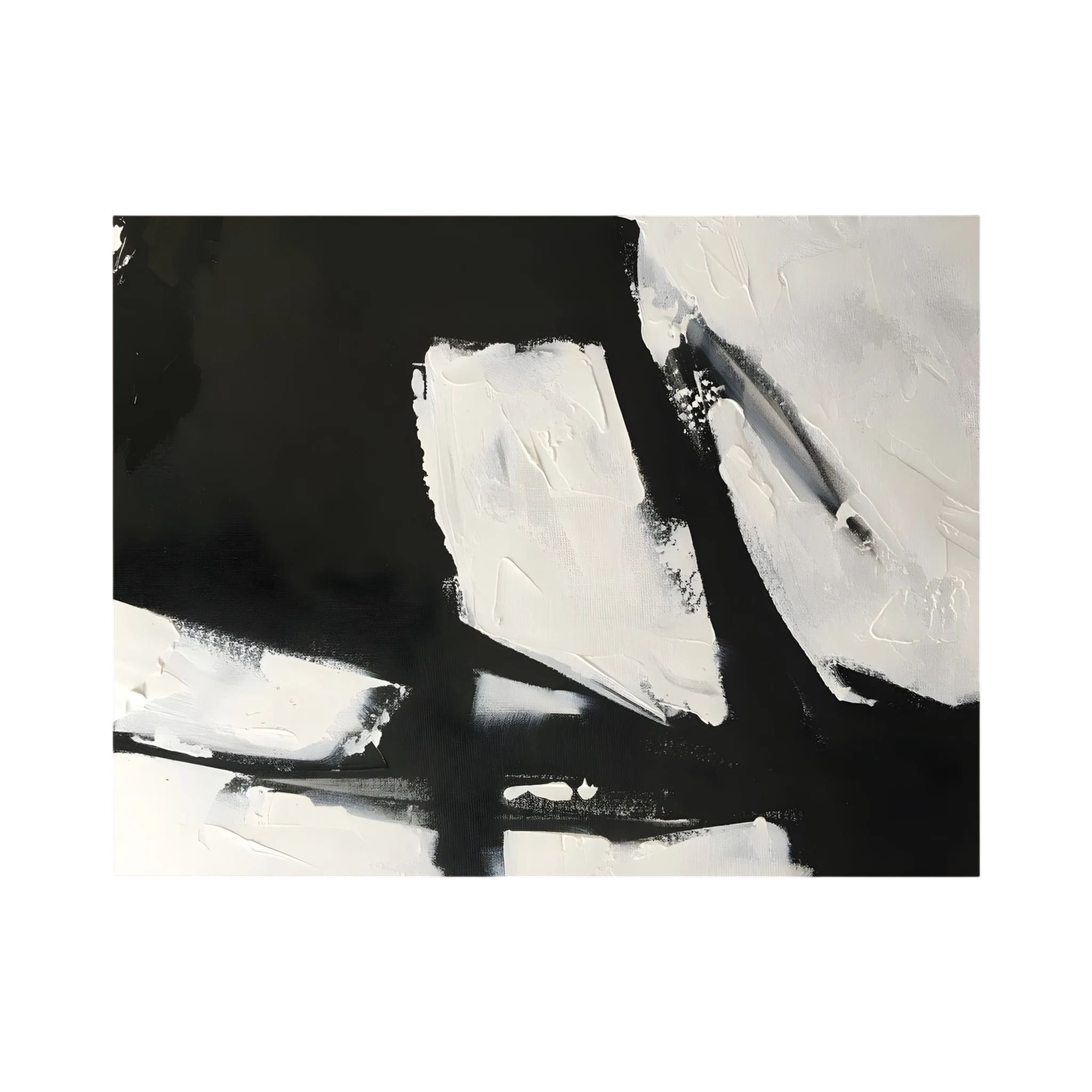 Heavy black strokes and textured white paint intersect across a wide monochrome abstract composition, shown in product view 4.