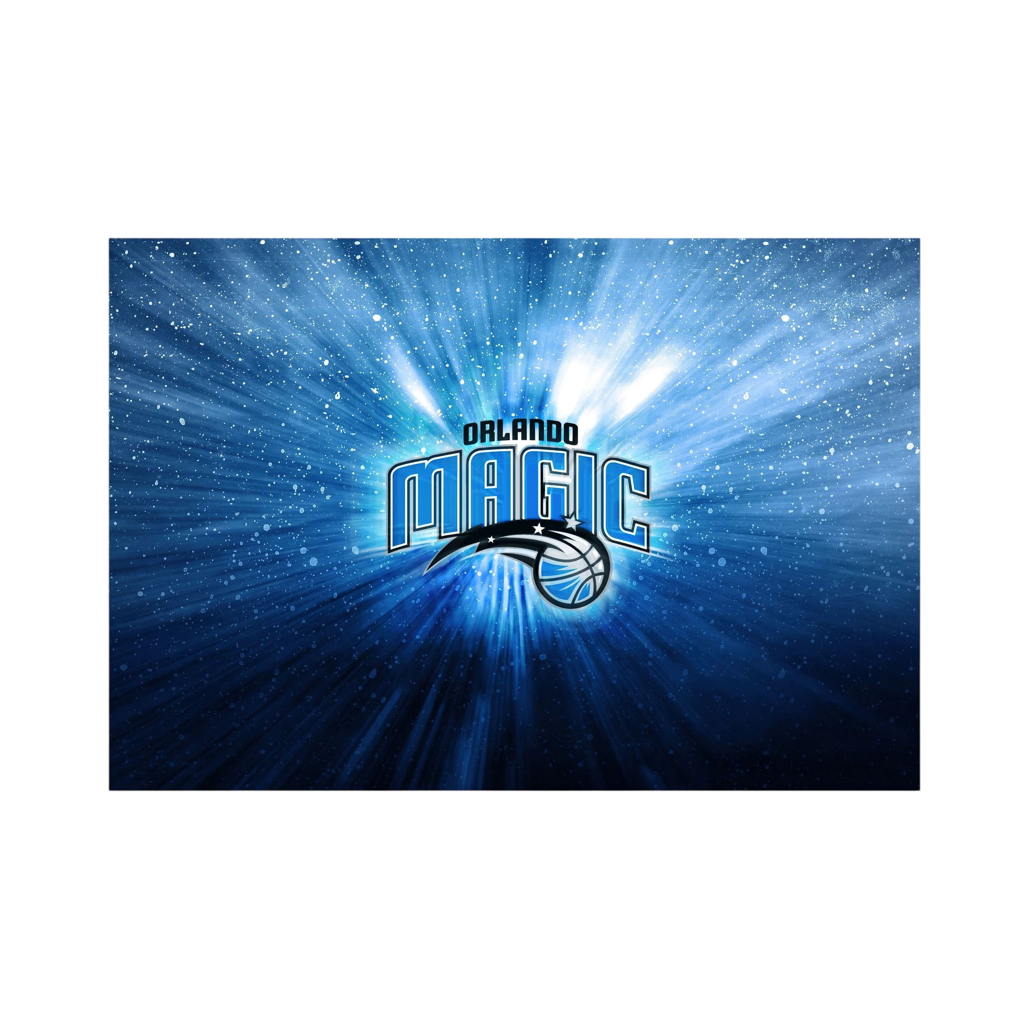Orlando Magic basketball logo glows amid blue radial light and sparkling white particles, shown in product view 2.