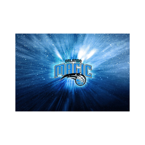 Orlando Magic basketball logo glows amid blue radial light and sparkling white particles, shown in product view 2.