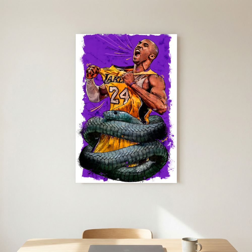 Alternative size view of purple and gold basketball portrait with coiled serpent, shown unframed.