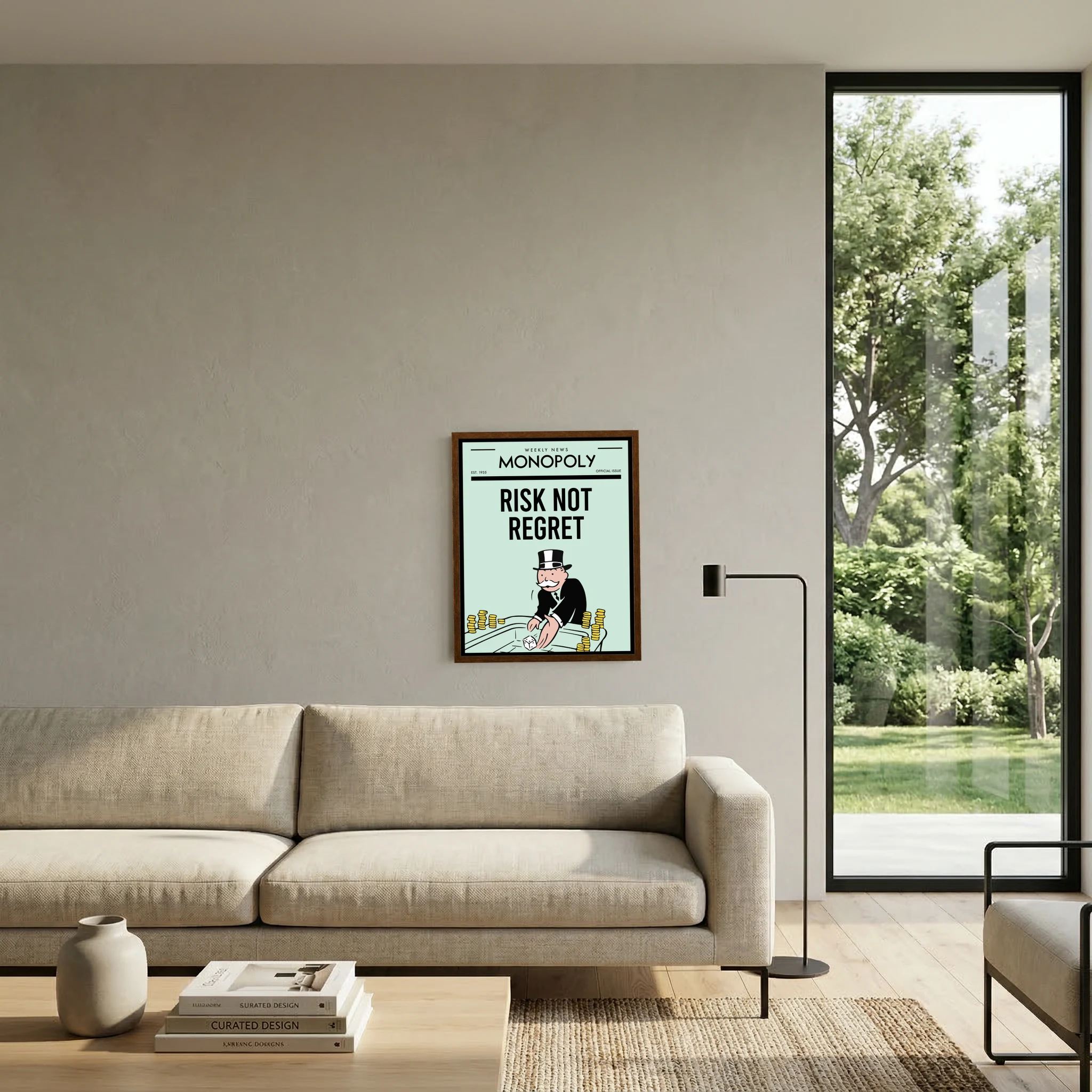 Retro Monopoly-style poster reading risk not regret with a top-hatted figure and dice, shown in product view 6.