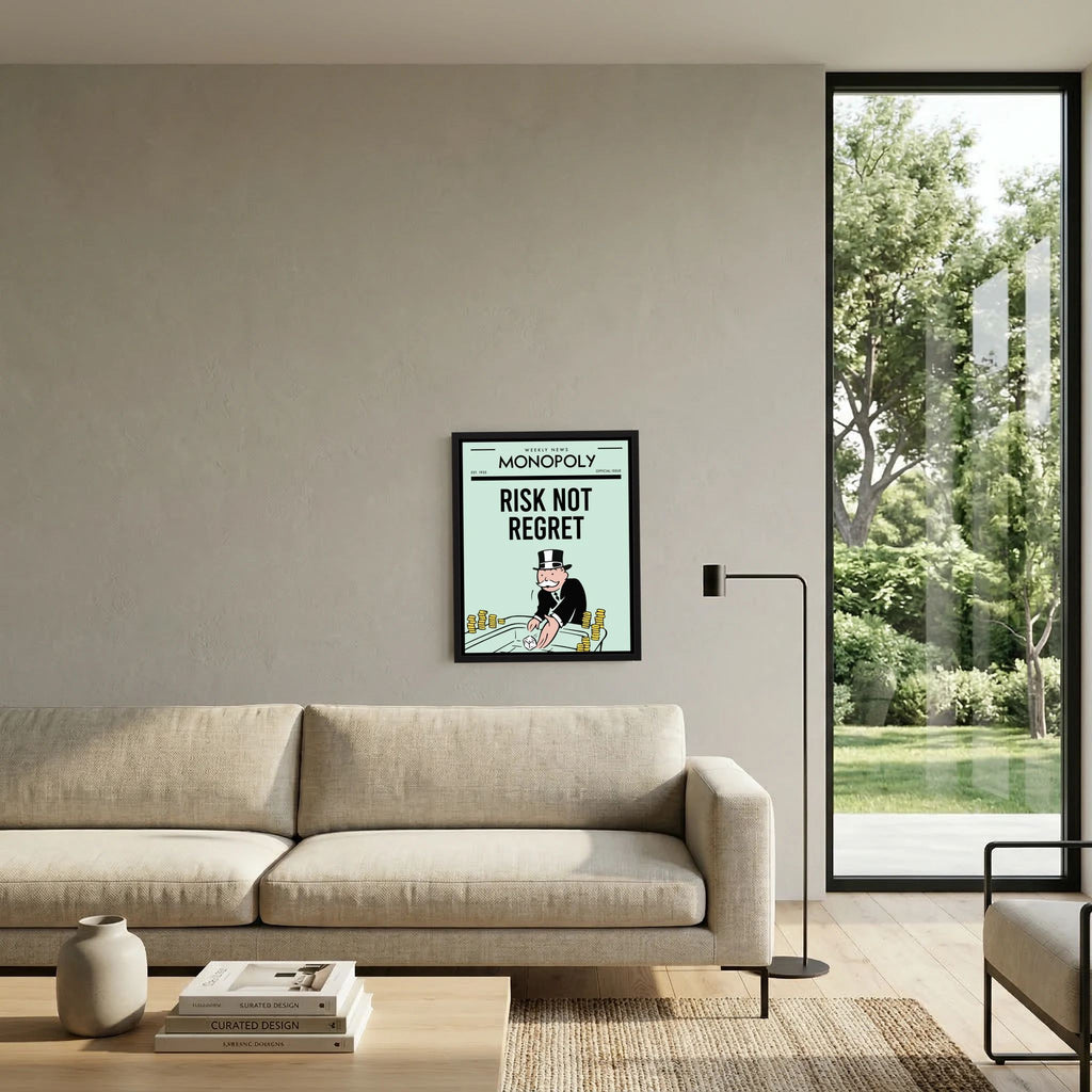 Retro Monopoly-style poster reading risk not regret with a top-hatted figure and dice, shown in product view 8.