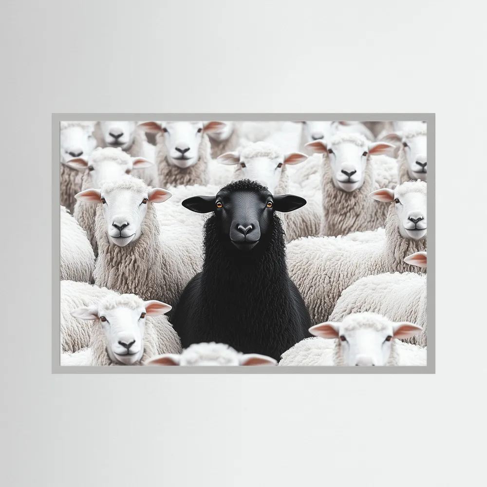 Single black sheep stands centred among a tightly packed flock of white sheep.