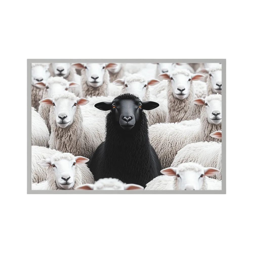 Single black sheep stands centred among a tightly packed flock of white sheep.