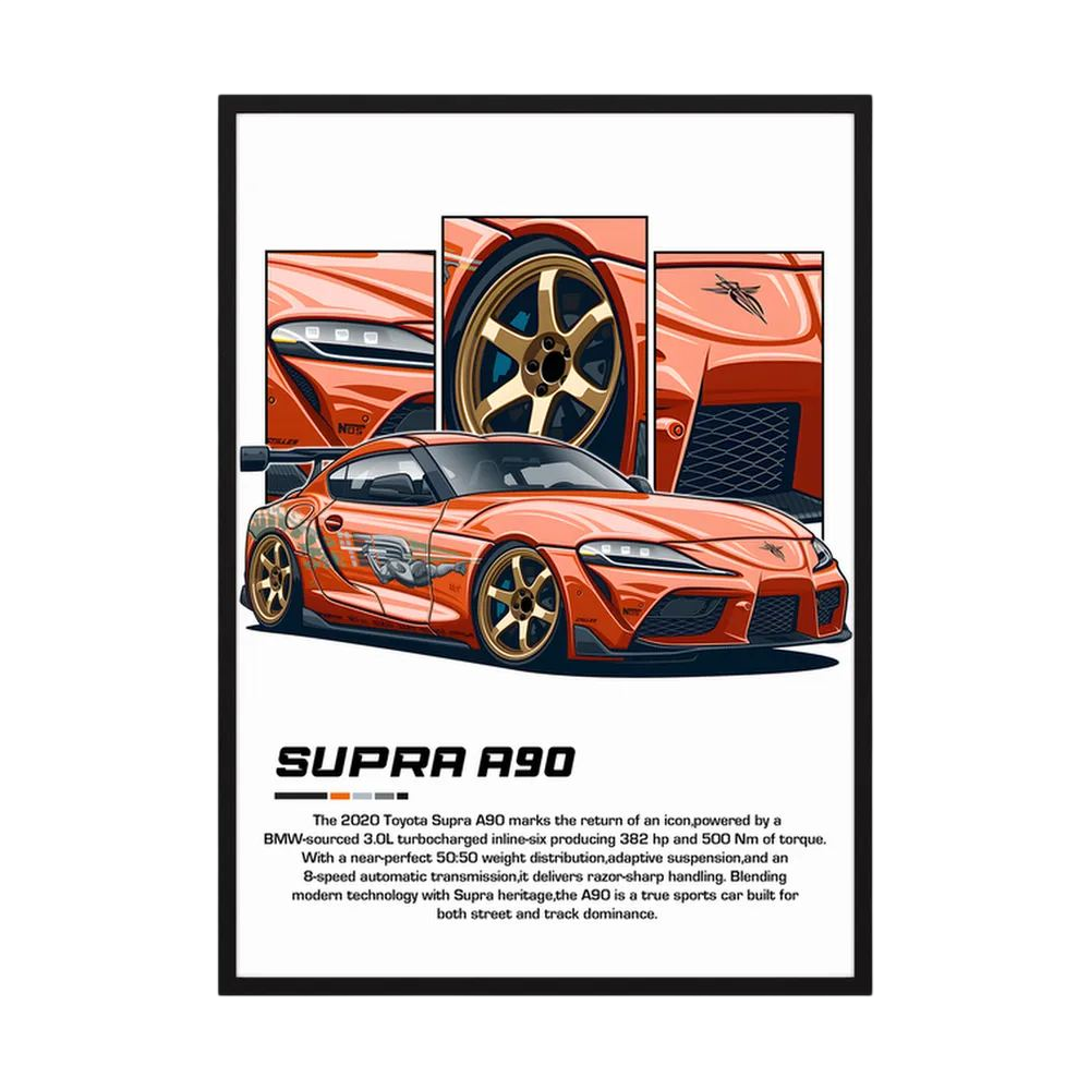 Copper-orange Toyota Supra A90 illustration with gold wheels and close-up body panels.