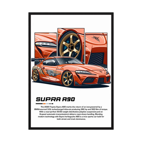 Copper-orange Toyota Supra A90 illustration with gold wheels and close-up body panels.