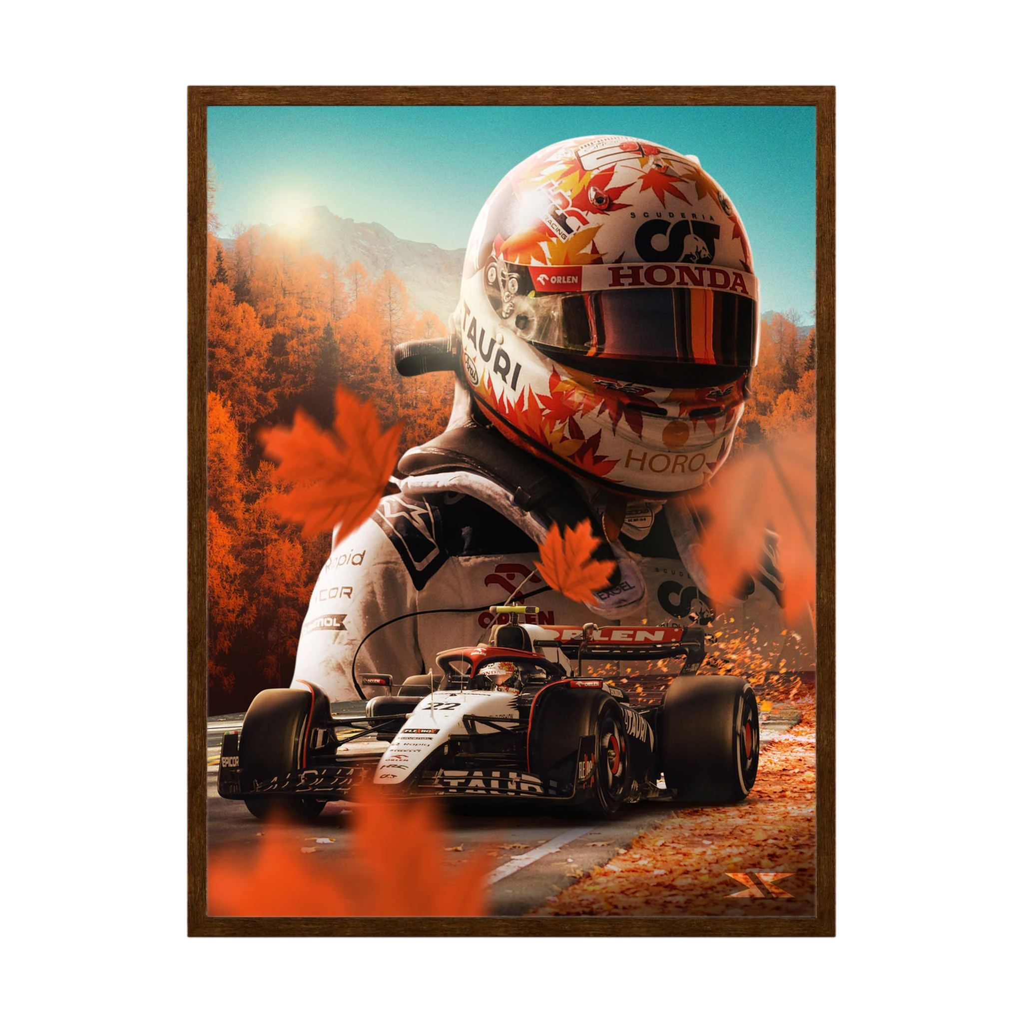Helmeted Formula One driver and racing car surrounded by orange autumn colour.