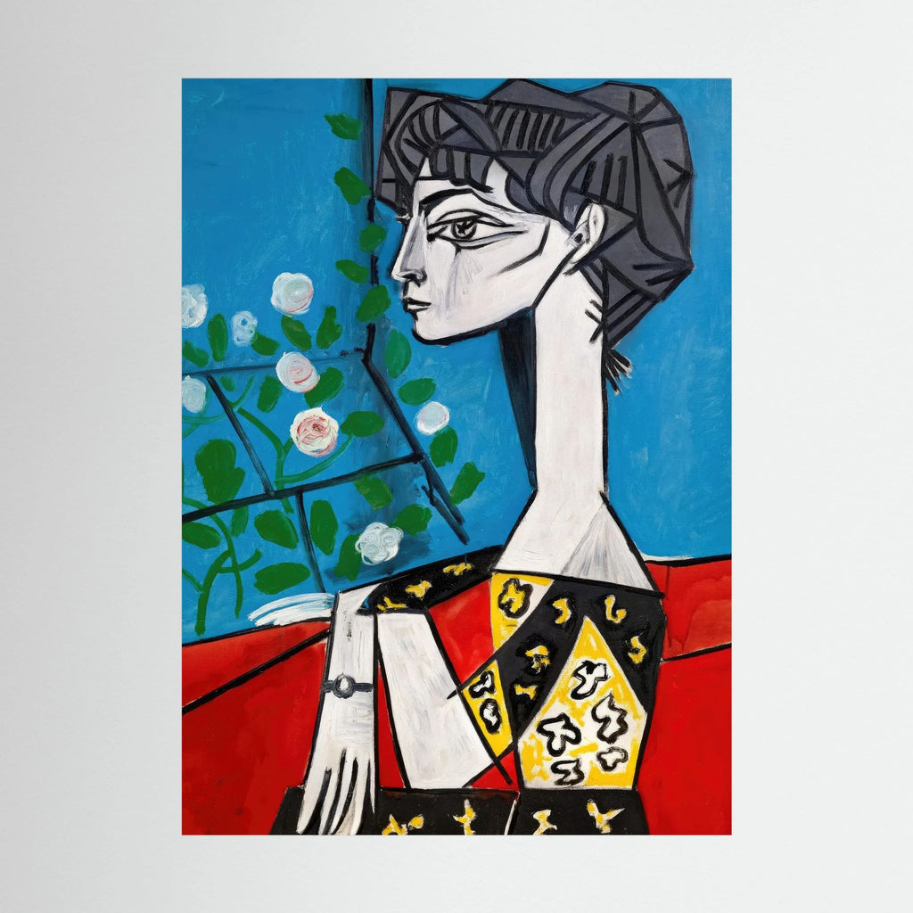 Colourful geometric female portrait built from red, orange, teal, black and cream shapes.